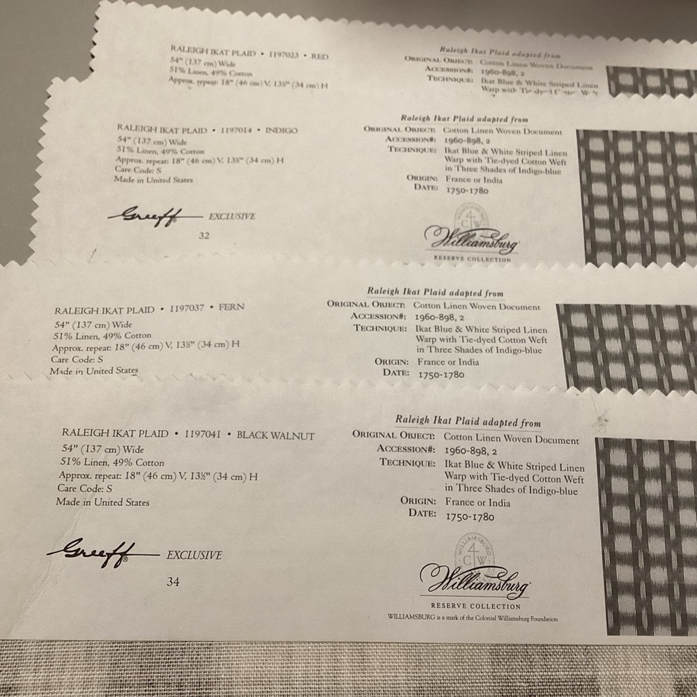 Williamsburg Raleigh Inkatha plaid upholstery samples 12” by 15”  in 4 colors - Picture 3 of 6